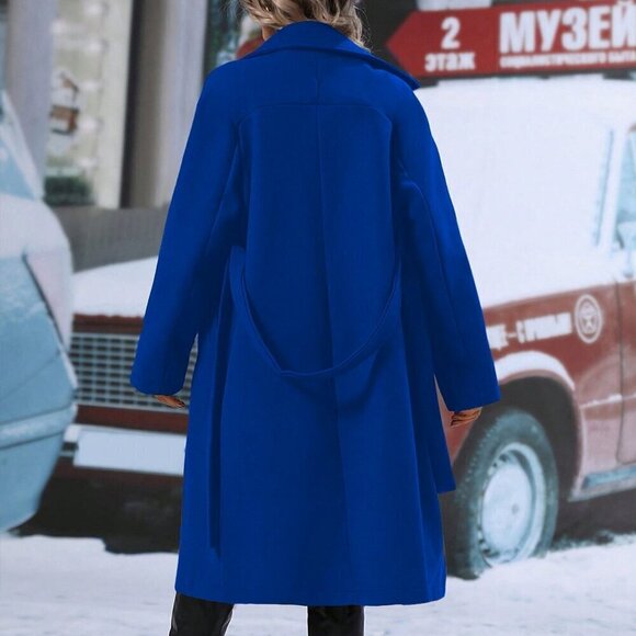 Women's Lapel Collar Long Sleeve Double-Breasted Coat Royal Blue - Picture 4 of 6
